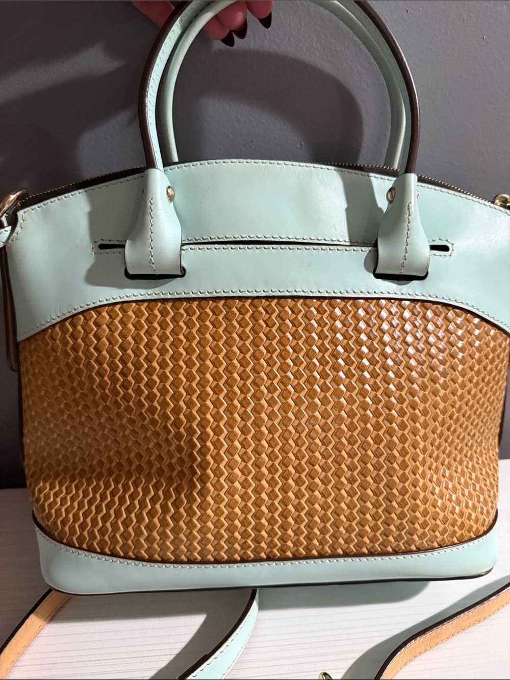 Dooney & Bourke Beacon Woven Domed Satchel in a pale blue/aqua and tan $295 - Picture 8 of 12